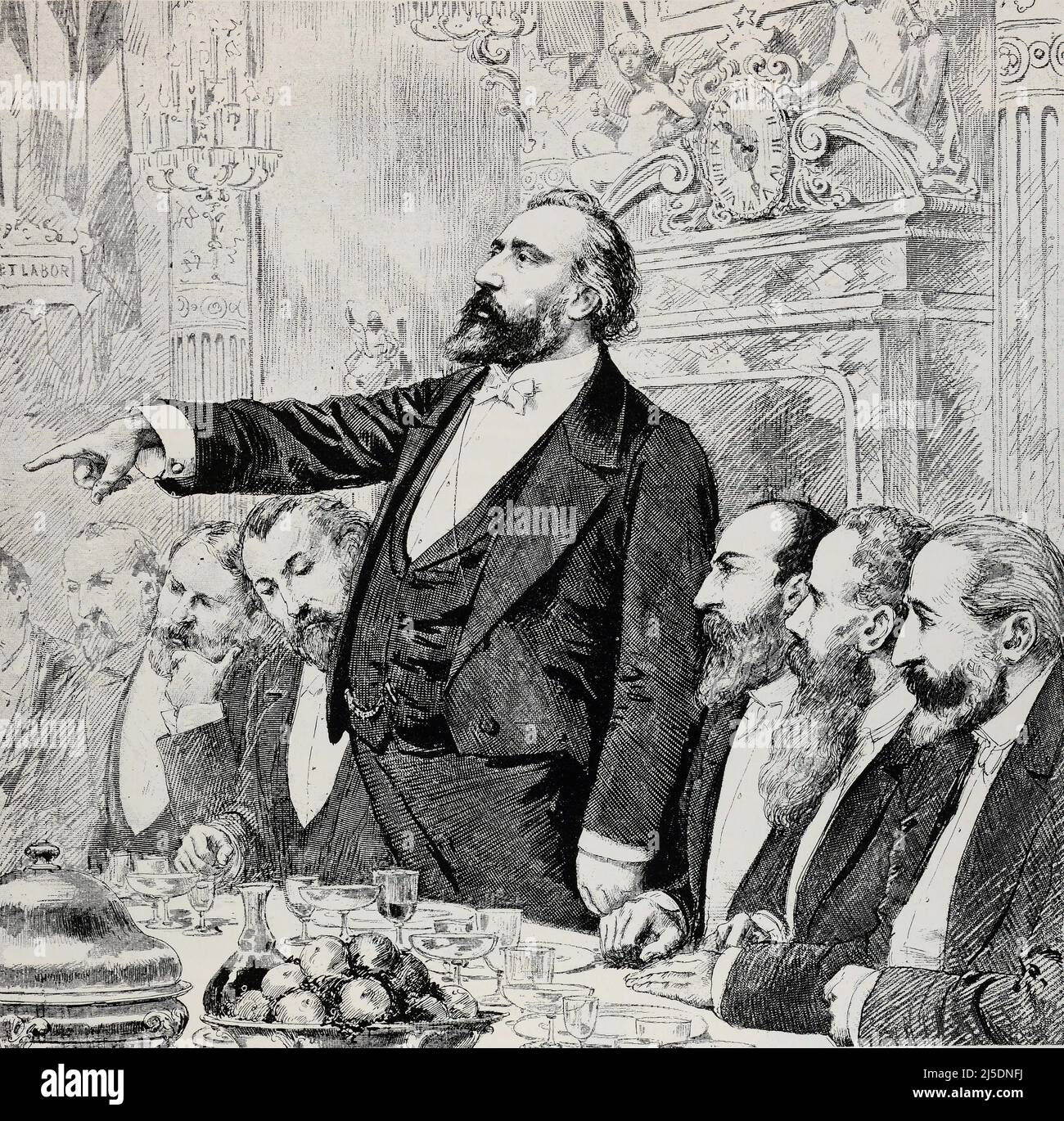 Eng translation : ' M. GAMBETTA AUF DEM BANKETT, DAS VON DER HANDELSREISENDEN CORPORATION ANGEBOTEN wird ' - Original in französisch : ' M. GAMBETTA AU BANKETT OFFERT PAR LA CORPORATION DES VOYAGEURS DE COMMERCE ' - Auszug aus 'L'Illustration Journal Universel' - Französisch illustrierte Zeitschrift - 1879 Stockfoto