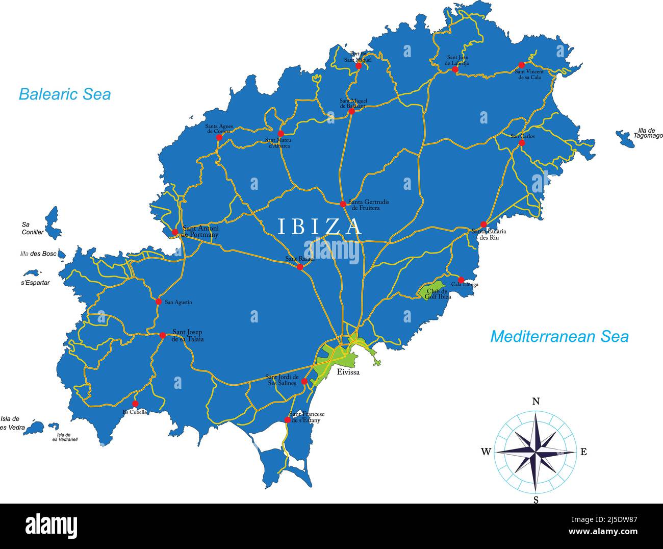 Sehr detaillierte Vektorkarte von Ibiza mit Verwaltungsregionen, Hauptstädten und Straßen. Stock Vektor