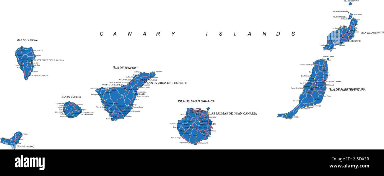Sehr detaillierte Vektorkarte der Kanarischen Inseln mit Verwaltungsregionen, Hauptstädten und Straßen. Stock Vektor