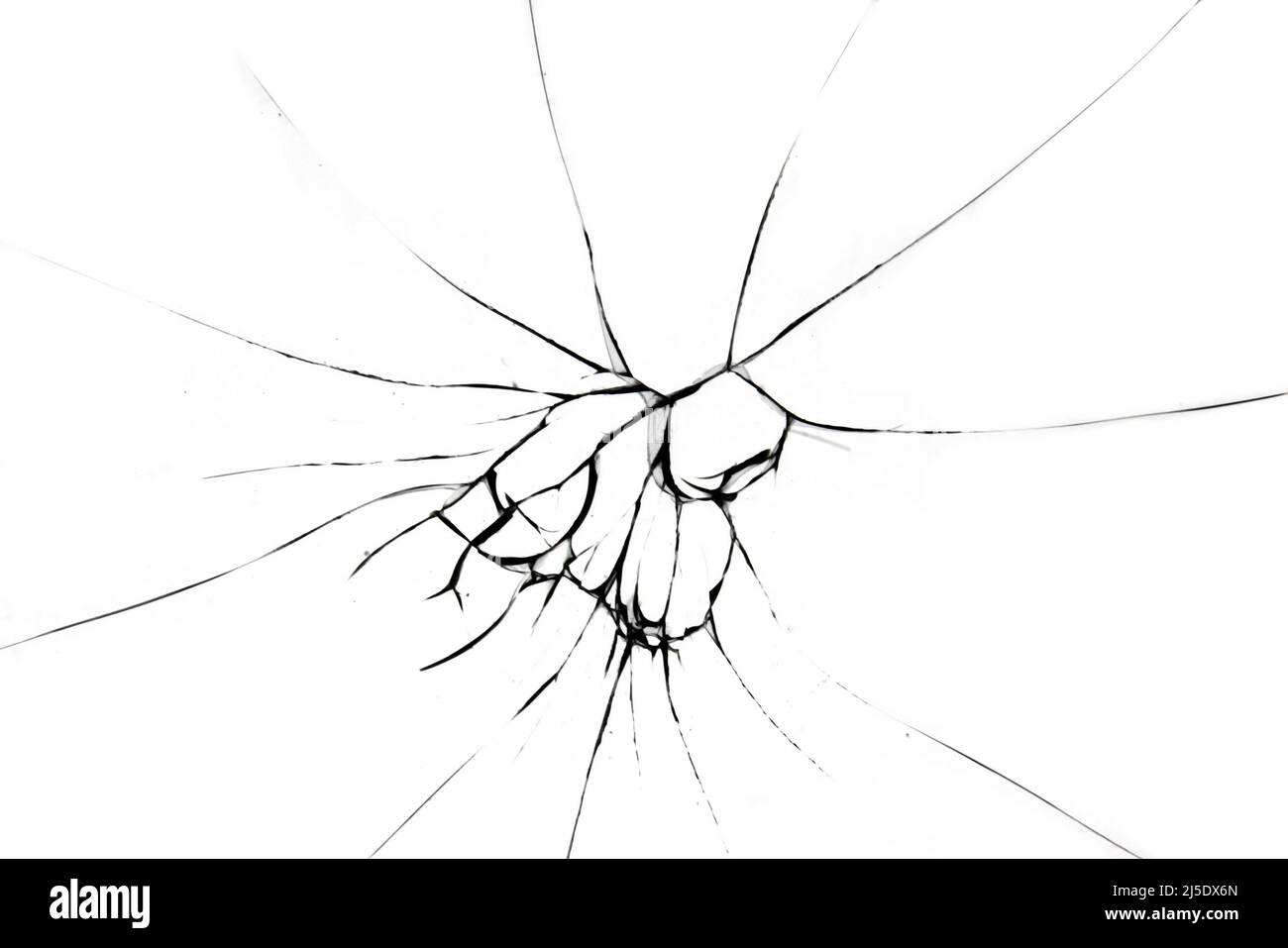 Zerbrochenes Glas auf weißem Hintergrund, Textur Hintergrund Objekt Design. Stockfoto