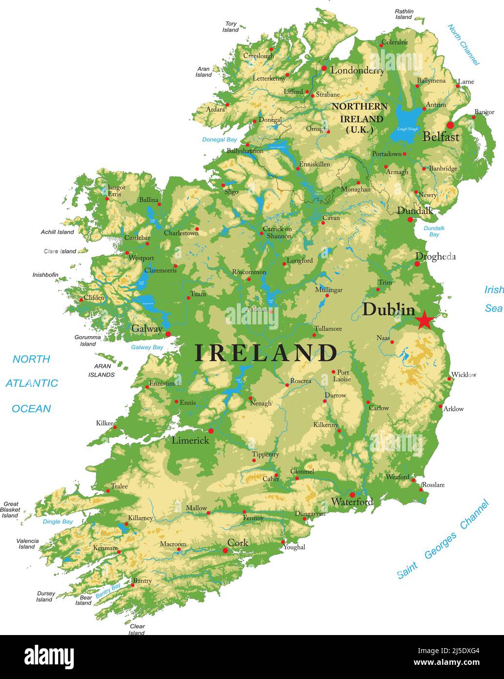 Sehr detaillierte physische Karte von Irland, im Vektorformat, mit allen Reliefformen, Regionen und großen Städten. Stock Vektor