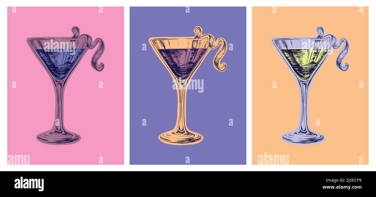 Set Farbige Handgezeichnete Skizze Cosmopolitan Cocktail Drinks Vektor Illustration. Pop-Art-Stil Stock Vektor