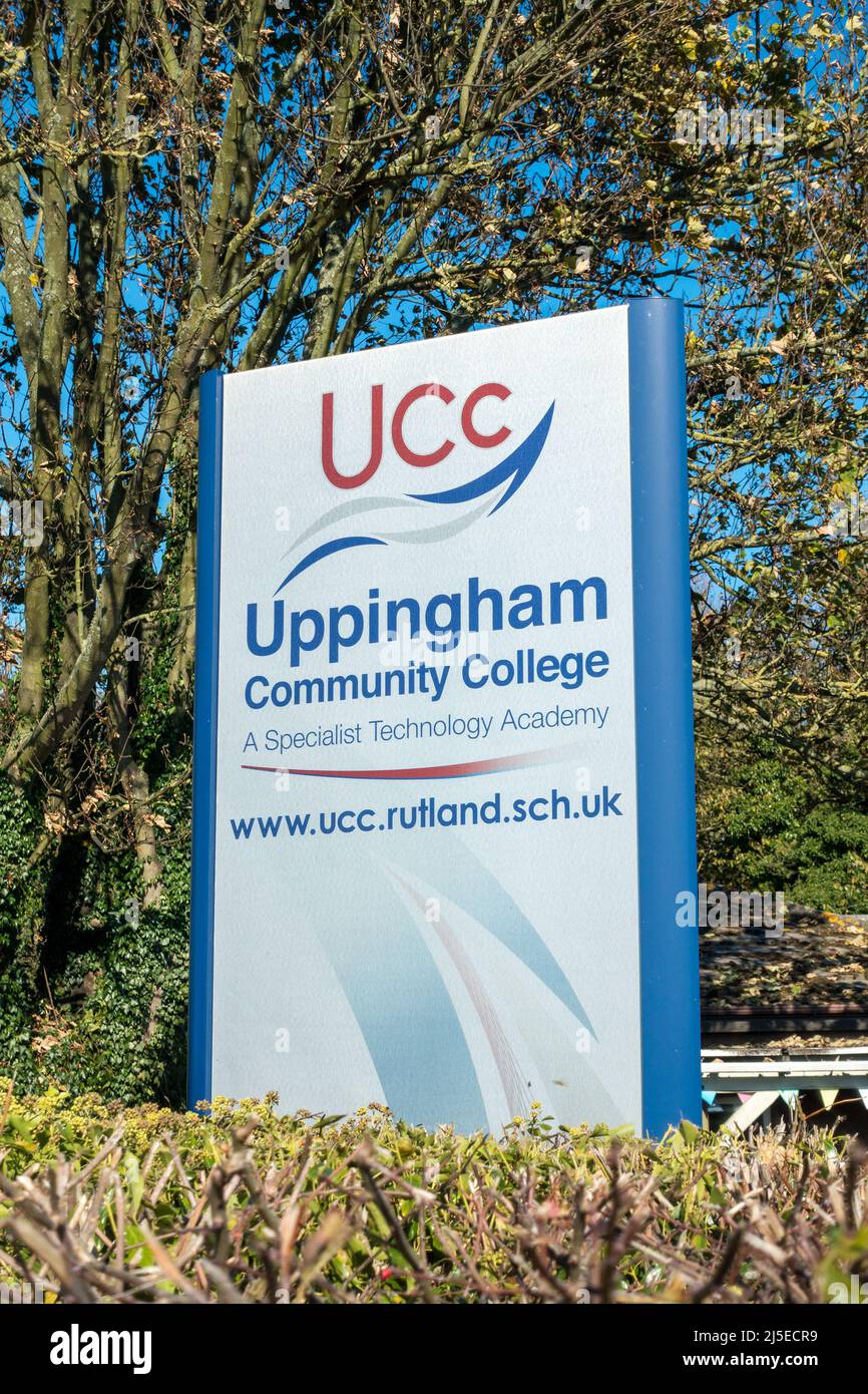 Uppingham Community College (UCC) Schulschild, Uppingham, Rutland, England, Großbritannien Stockfoto