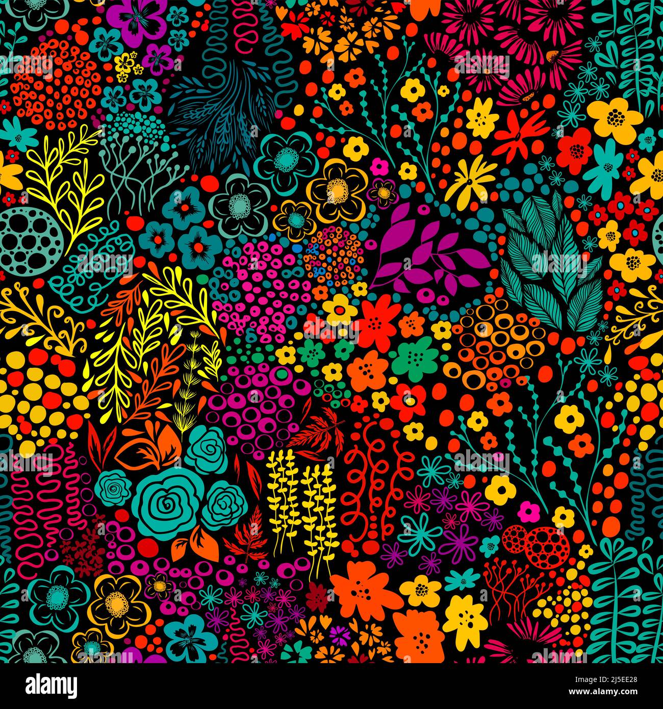 Exotische Phasane mit Blumen bunt nahtlose Muster auf schwarzem Hintergrund Vektor-Illustration Stock Vektor
