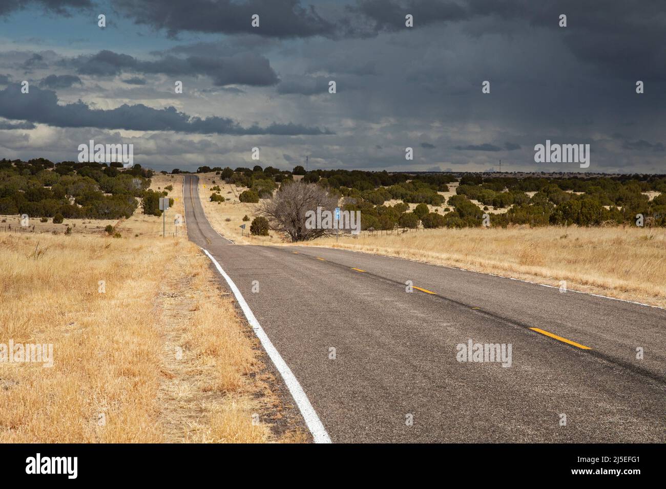 Torrance County, New Mexico - ein sich näherender Sturm auf dem leeren Highway 3 im Osten von New Mexico. Stockfoto