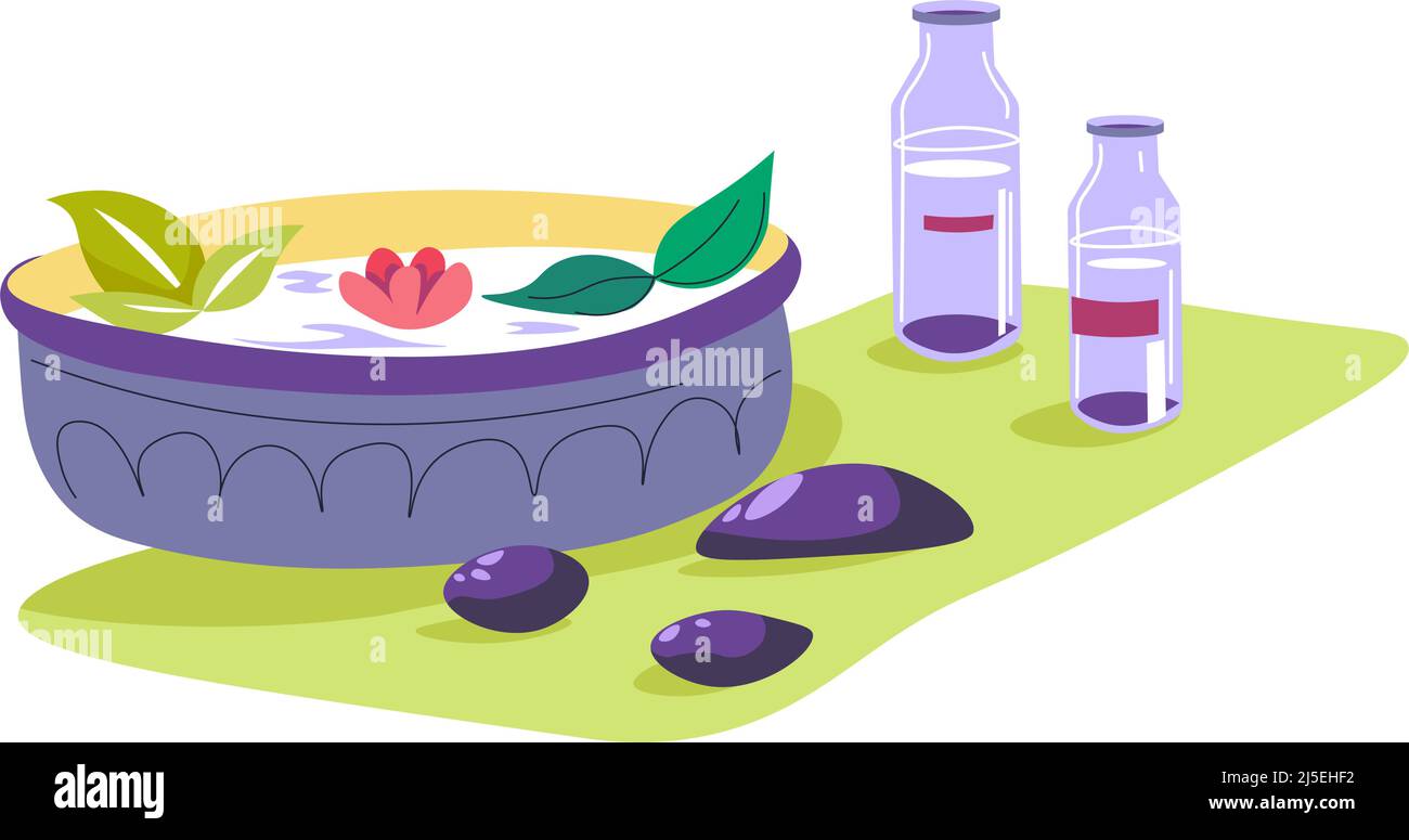 Spa Salon Verfahren, Schüssel mit Wasser und Essenz Stock Vektor