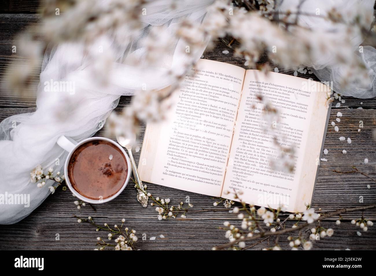 Tasse Kakao, altes Buch und Kirschblüten auf Holzhintergrund. Lesekonzept Stockfoto