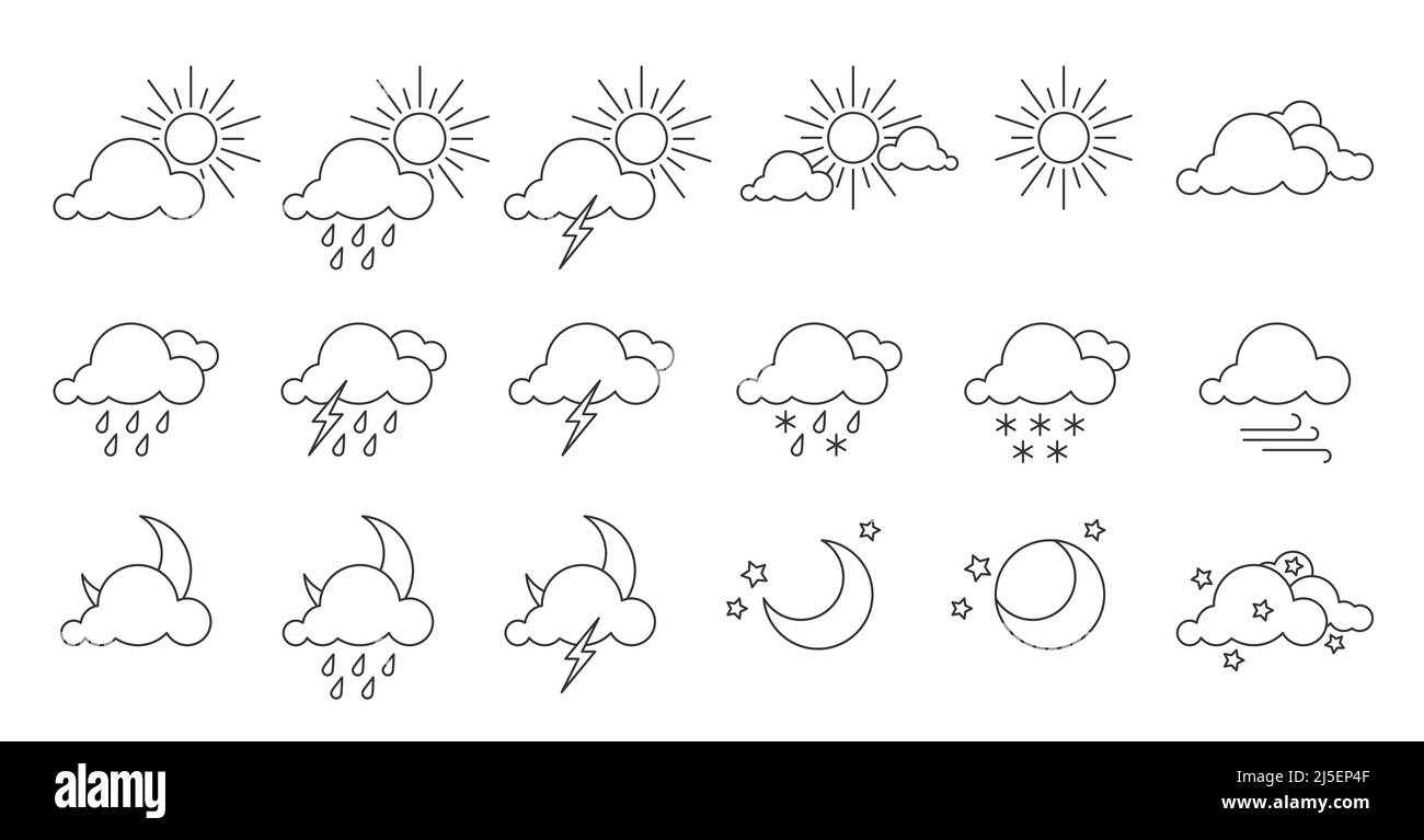 Wetterprognose Web Interface Element schwarze Linie gesetzt. Benutzerdefinierte Natur Himmel Objekt für Meteorologie Website warmes kaltes Klima. Sonne Regen Wolke Mond Stern Schnee Blitz Wind etc Symbol auf weiß isoliert Stock Vektor