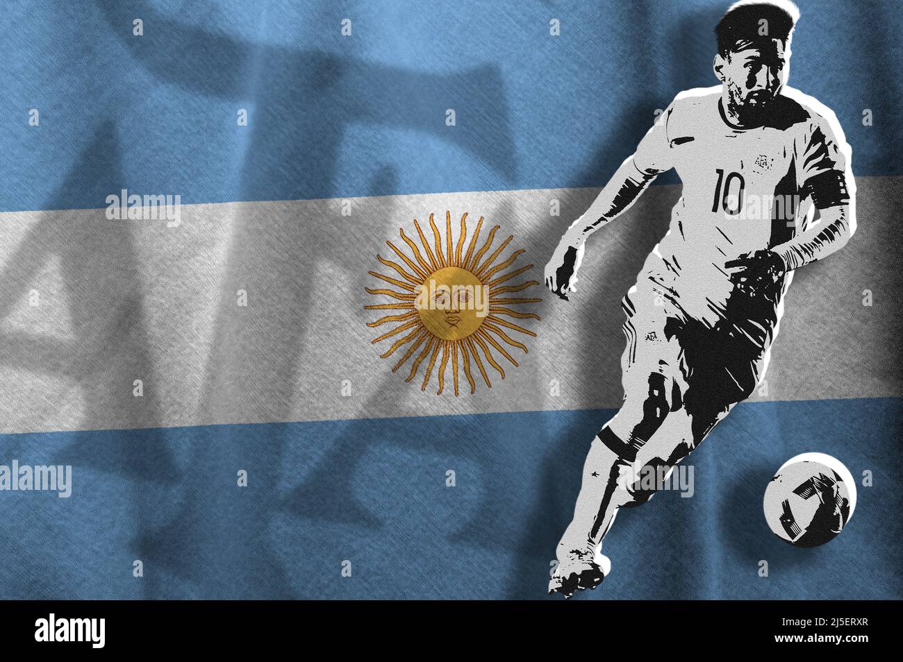 Lionel Messi, die argentinische Flagge und der Schild des argentinischen Fußballverbands (AFA) Stockfoto