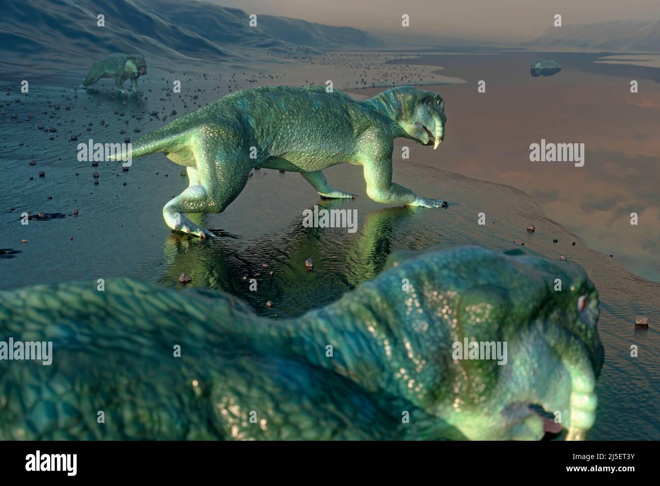Kunstwerk des ausgestorbenen Tieres Lystrosaurus Stockfoto