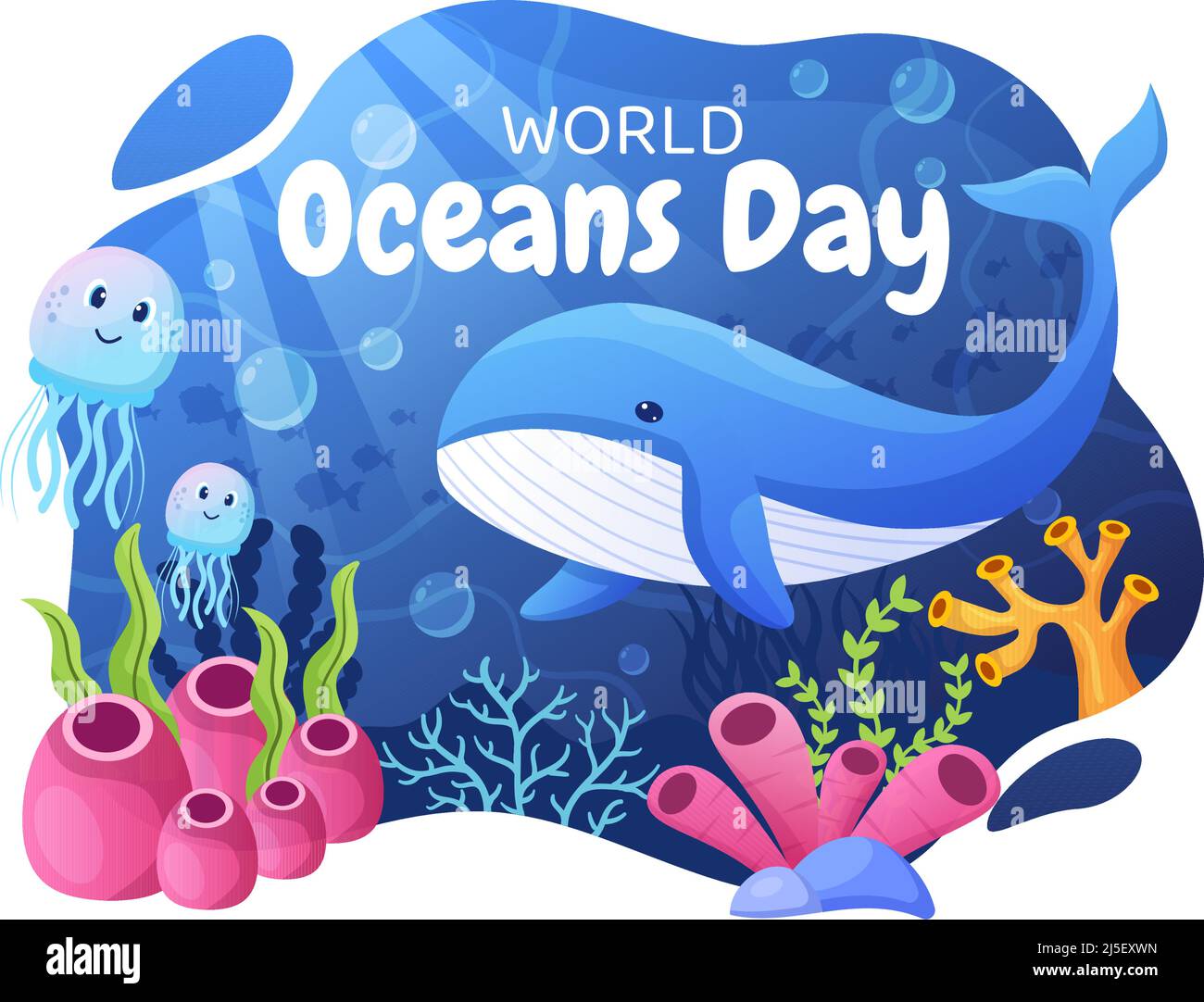 Cartoon-Illustration zum Weltmeerkunde mit Unterwasserlandschaften, verschiedenen Fischtieren, Korallen und Meerespflanzen, die sich dem Schutz oder Erhalt widmen Stock Vektor