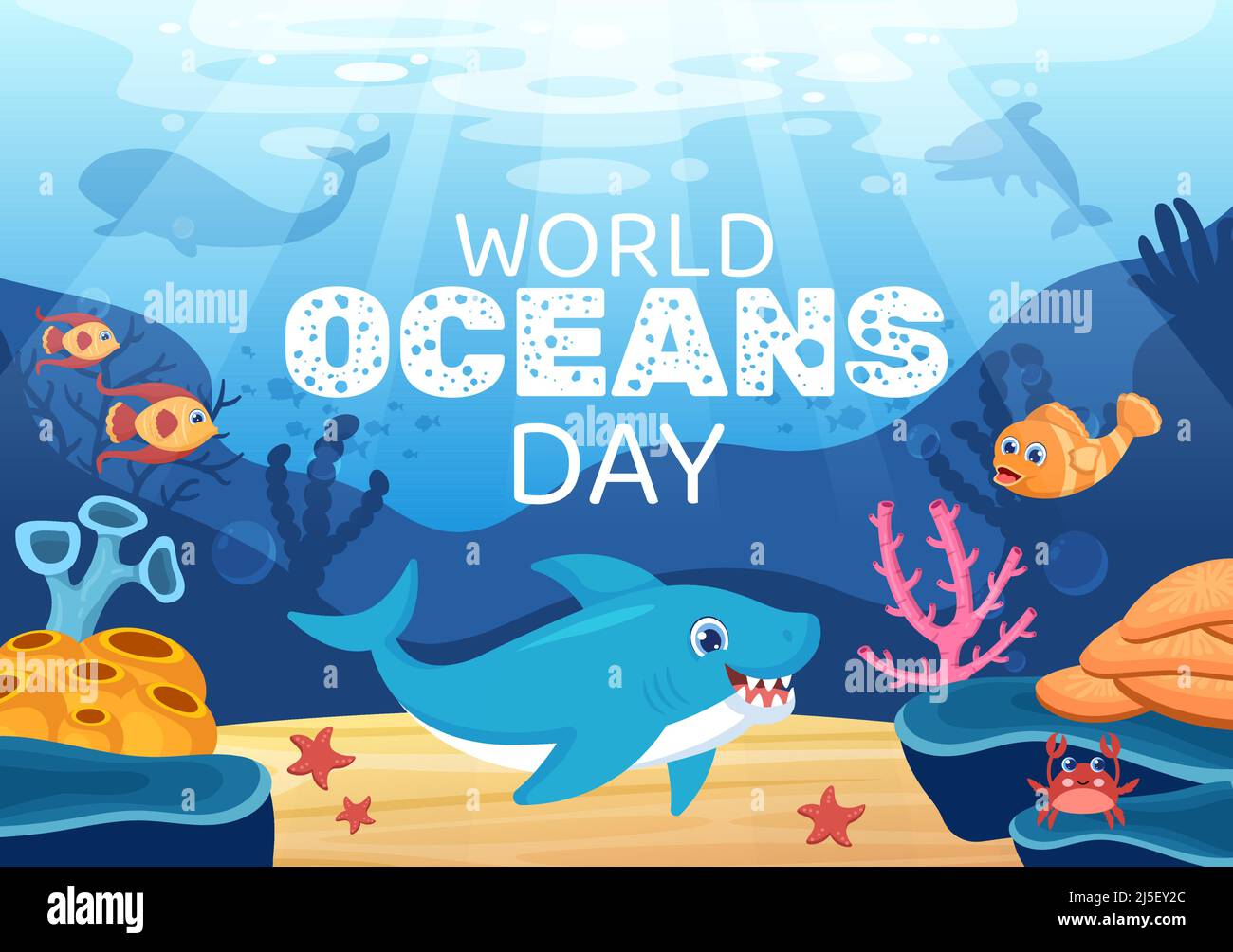 Cartoon-Illustration zum Weltmeerkunde mit Unterwasserlandschaften, verschiedenen Fischtieren, Korallen und Meerespflanzen, die sich dem Schutz oder Erhalt widmen Stock Vektor