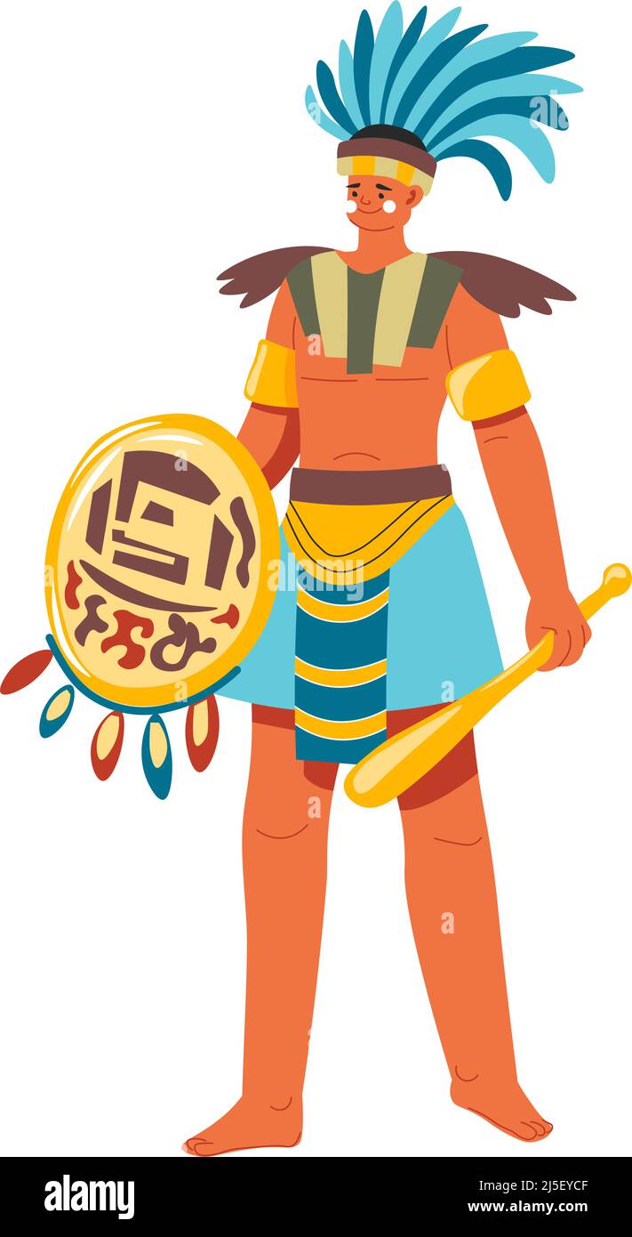 Maya-Soldat mit Schild und Waffe, Verteidigung und Angriff. Isolierte, uralte Persönlichkeit mit Kopfbedeckung aus Leder und Federn. Männlicher Charakter, Stock Vektor