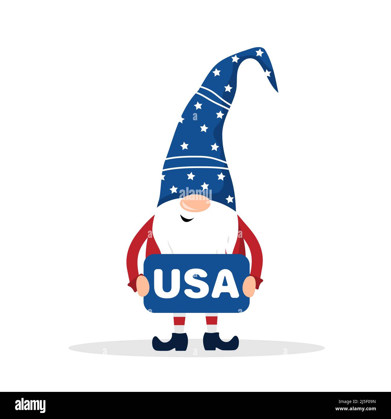 Patriotischer amerikanischer Zwerg. Süßer skandinavischer Zwerg. Elf feiern den Unabhängigkeitstag in den Vereinigten Staaten. Frohes 4.. juli. Vektorgrafik in flacher Form Stock Vektor