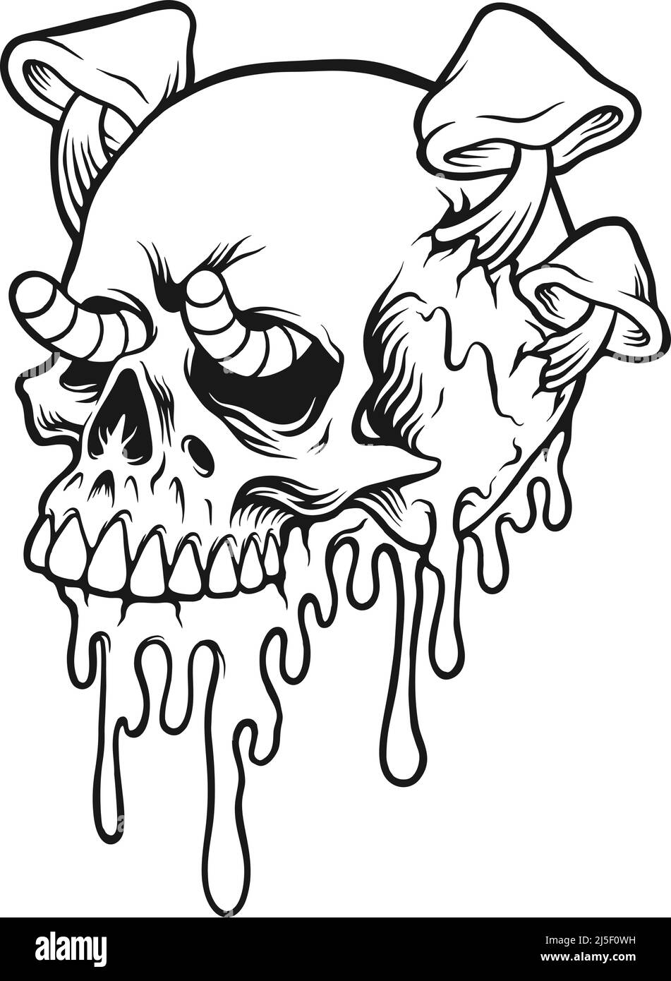 Psychedelischer Schädel Pilze geschmolzen bunte monochrome Vektor-Illustrationen für Ihre Arbeit Logo, Merchandise T-Shirt, Aufkleber und Label-Designs Stock Vektor