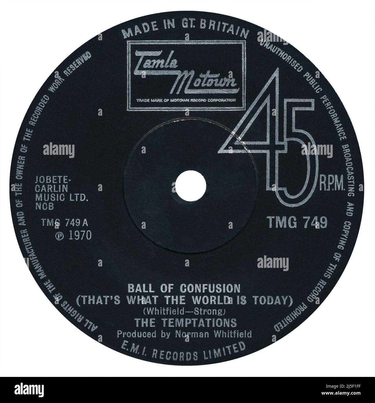 45 RPM 7' UK Soul Label von Ball of Confusion (That's What The World is Today) von The Temptations. Geschrieben von Norman Whitfield und Barrett Strong, produziert von Norman Whitfield. Veröffentlicht im September 1970 auf dem Tamla Motown Label. Stockfoto