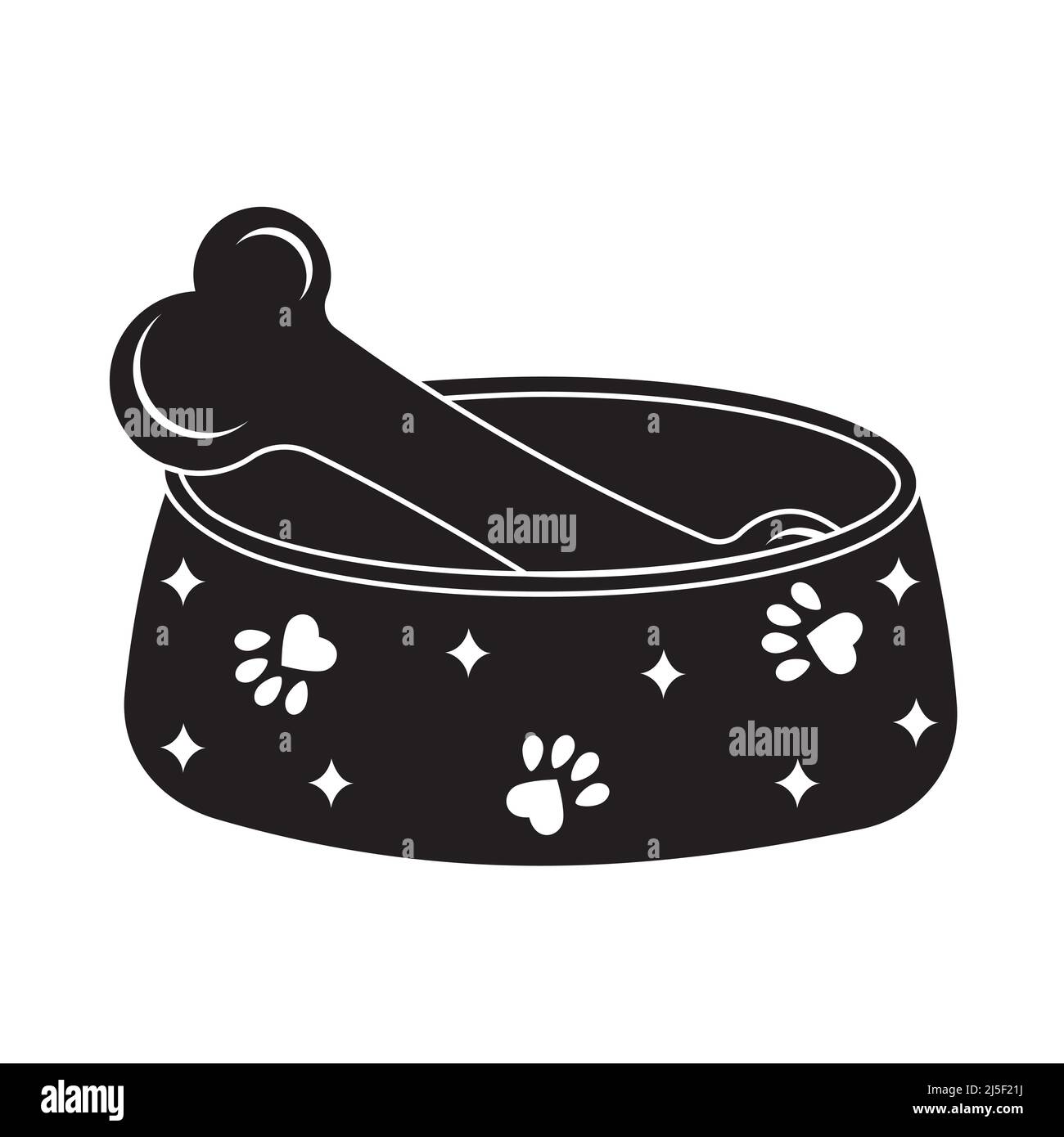 Eine Schale mit Knochen für Hunde und Katzen. Vektordarstellung eines isolierten schwarzen Symbols auf weißem Hintergrund. Stock Vektor
