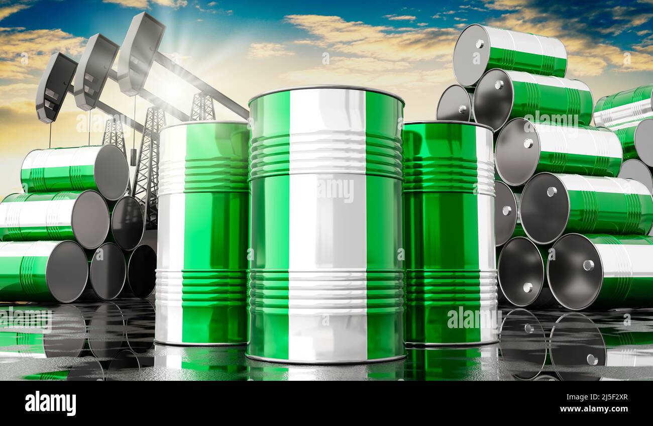 Ölfässer mit der Flagge von Nigeria und Ölförderbrunnen - 3D Abbildung Stockfoto