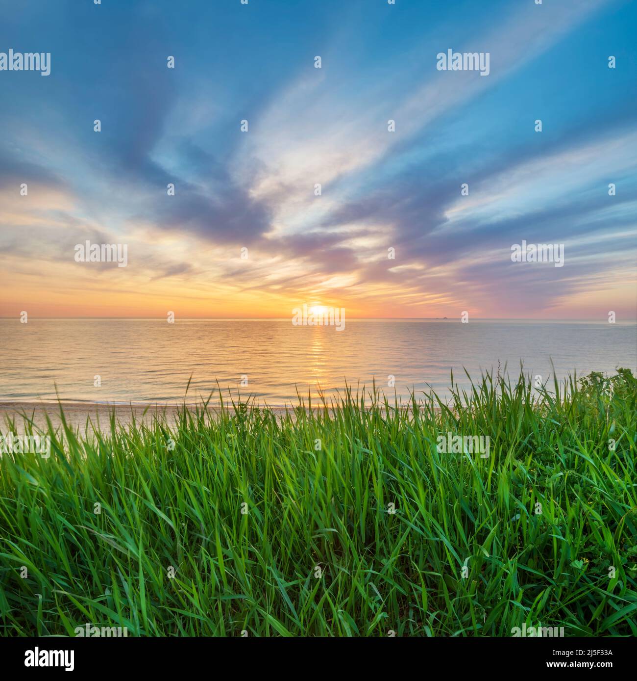 Sonnenuntergang Komposition Landschaft. Himmel, Meer und grünes Gras bei Sonnenuntergang. Stockfoto