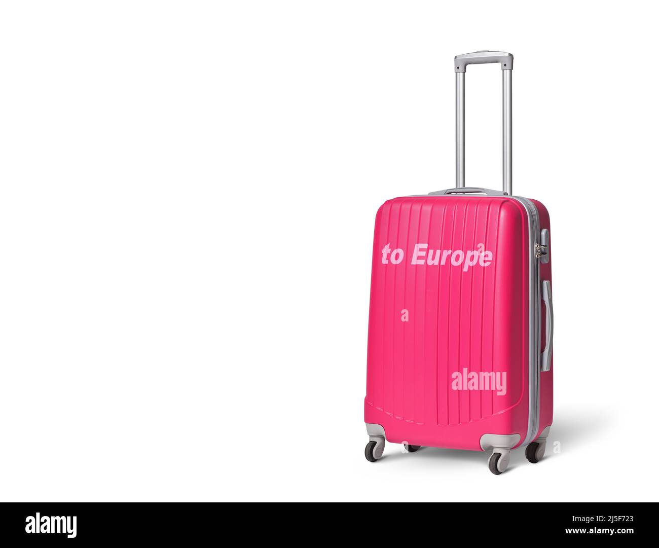 Rosafarbener Koffer mit der Aufschrift nach Europa auf weißem Hintergrund, Reisekonzept Stockfoto