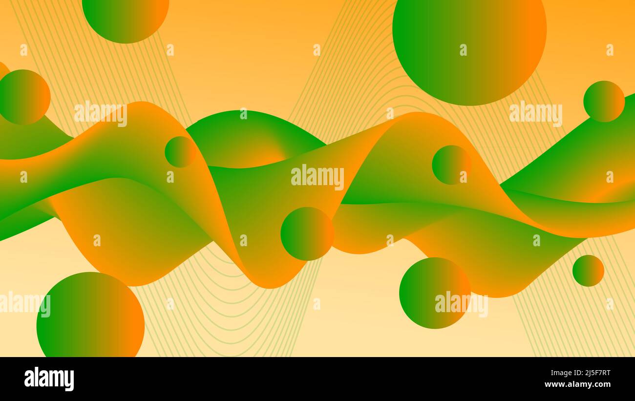 Leuchtend orange, grün 3D Flüssigkeit. Farbiger Hintergrund. Abstraktes Wellenmuster und fliegende Kugeln. Landing Page surreale Vorlage. Banner im futuristischen Design Stockfoto