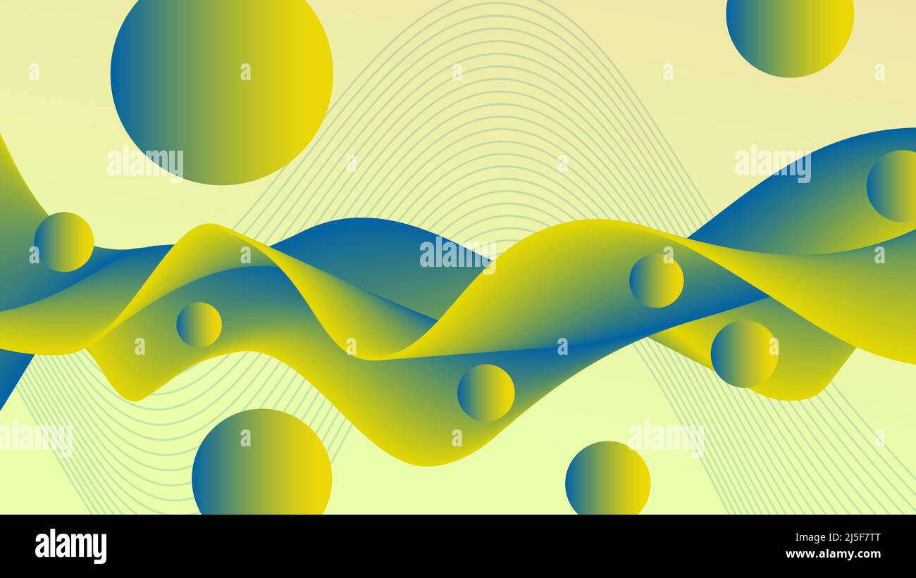Abstrakt grün-gelb, blaue Flüssigkeit. Fließende Welle, fliegende Kugeln, flüssiges Muster. 3D futuristisches Design. Surrealer Hintergrund. Vorlage für Landing-Page Stockfoto