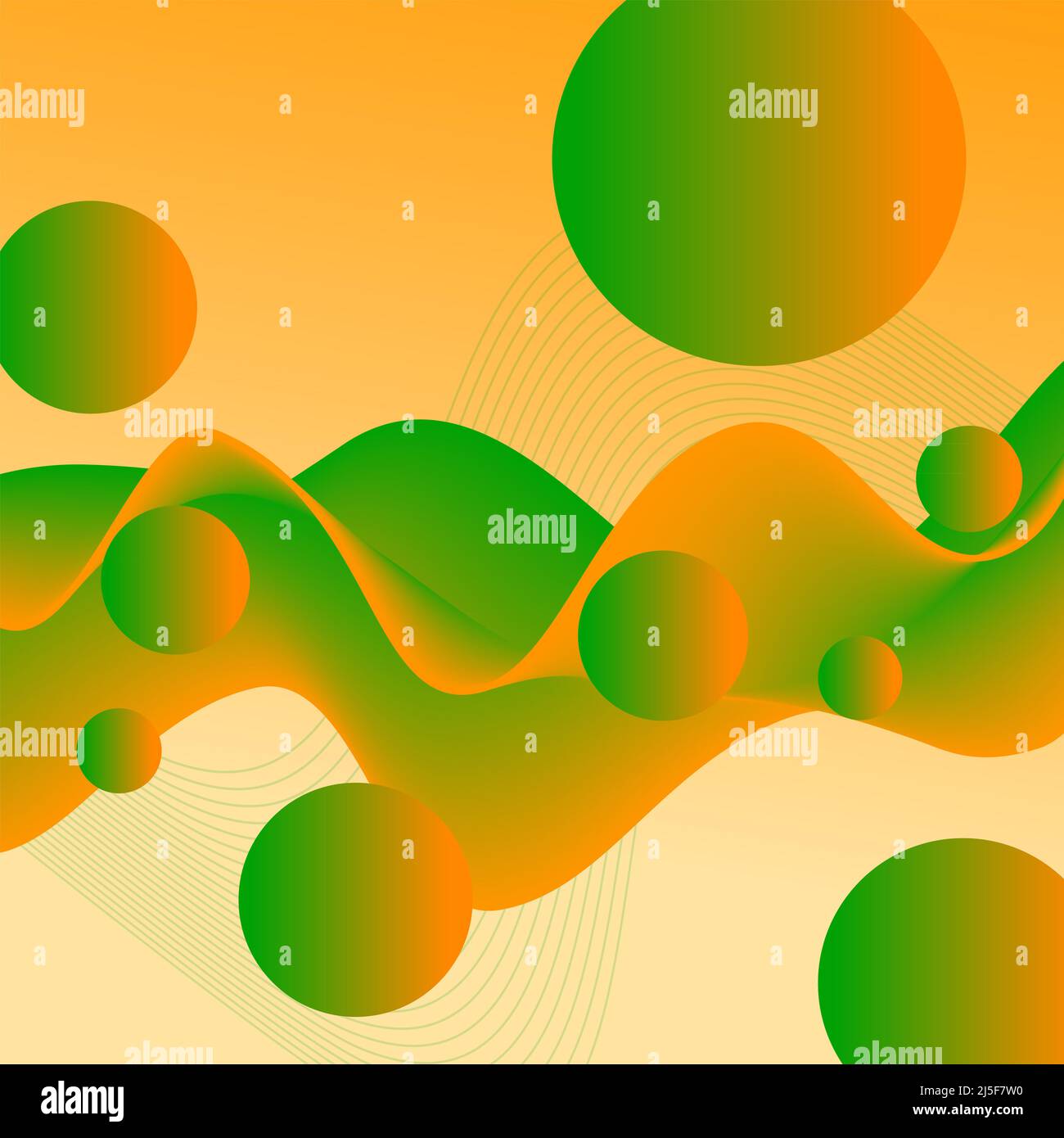 Leuchtend orange, grün 3D Wellen und fliegende Kugeln. Abstrakter flüssiger Hintergrund. Leuchtendes, flüssiges Muster. Bewegungskonzept. Futuristisches Design Stockfoto