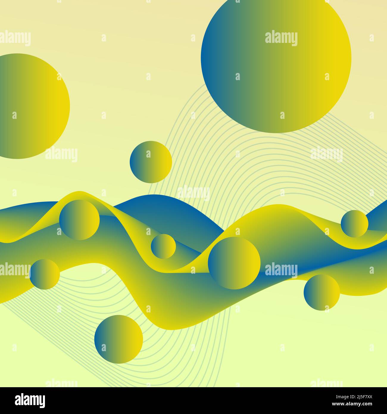 Grün-gelb, blau flüssig 3D Muster. Futuristische Wellen und fliegende Kugeln. Abstrakt gefärbter flüssiger Hintergrund. Transformationskonzept. Kreatives Design Stockfoto