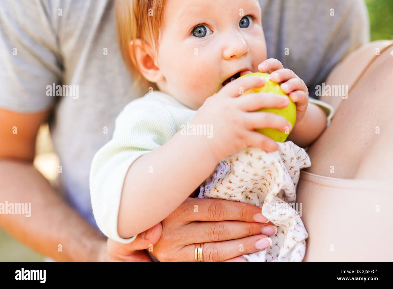 Glückliche Familie hält Baby essen Apfel im Sommer Park Stockfoto