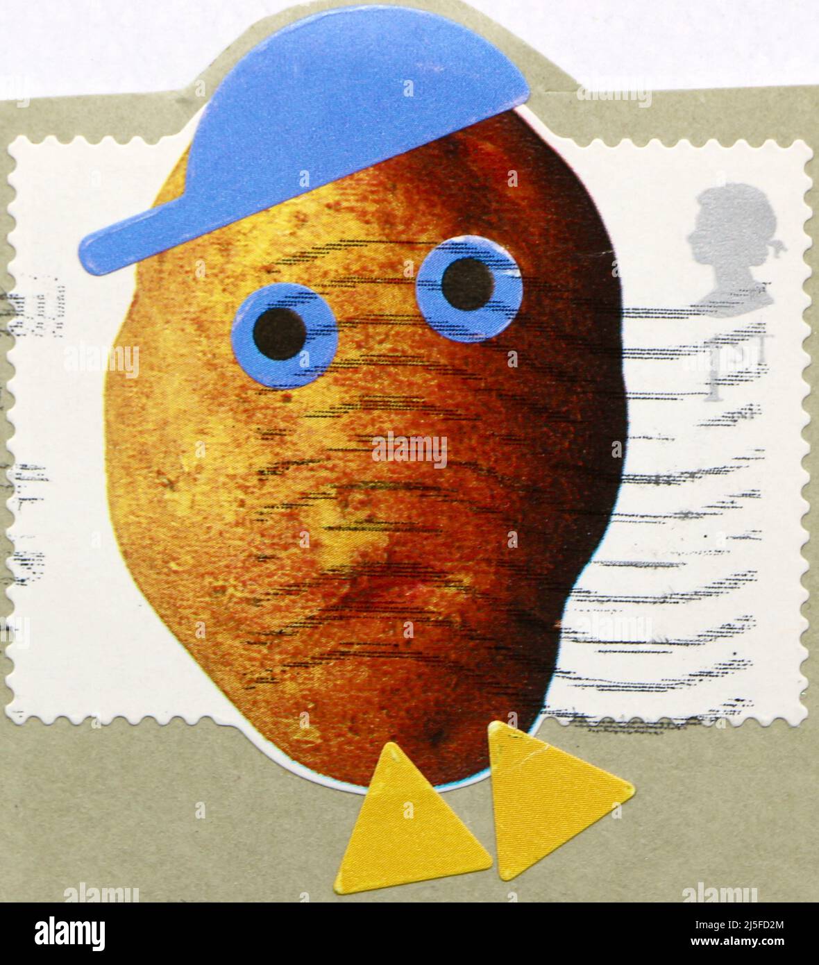 Foto einer britischen Briefmarke mit einer ungewöhnlichen Form, um Mr. Potato Kopf aufzunehmen, der mit Aufklebern verkauft wurde Stockfoto