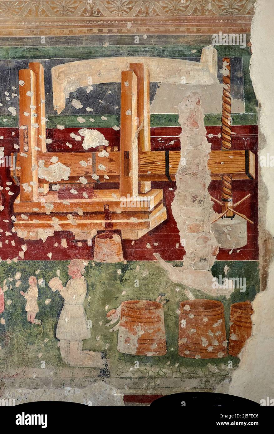 UN torchio per il vino - affresco - XVI secolo - Erbusco (Bs), Italia, chiesa di San Bernardino Stockfoto