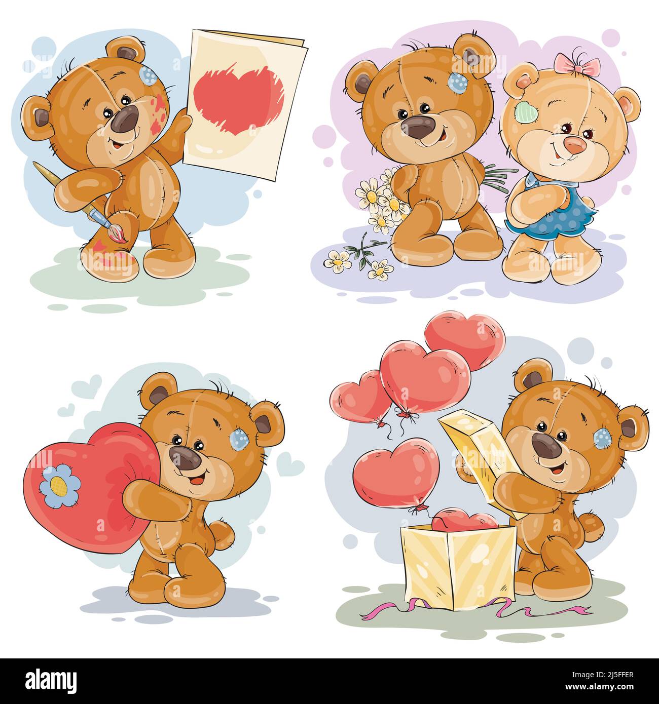 Set von Vektor-Clip-Art-Illustrationen von emaillierten Teddybären in verschiedenen Posen - mit einer valentine-Postkarte, Herz, packt Geschenk, geben Blumen zu g Stock Vektor