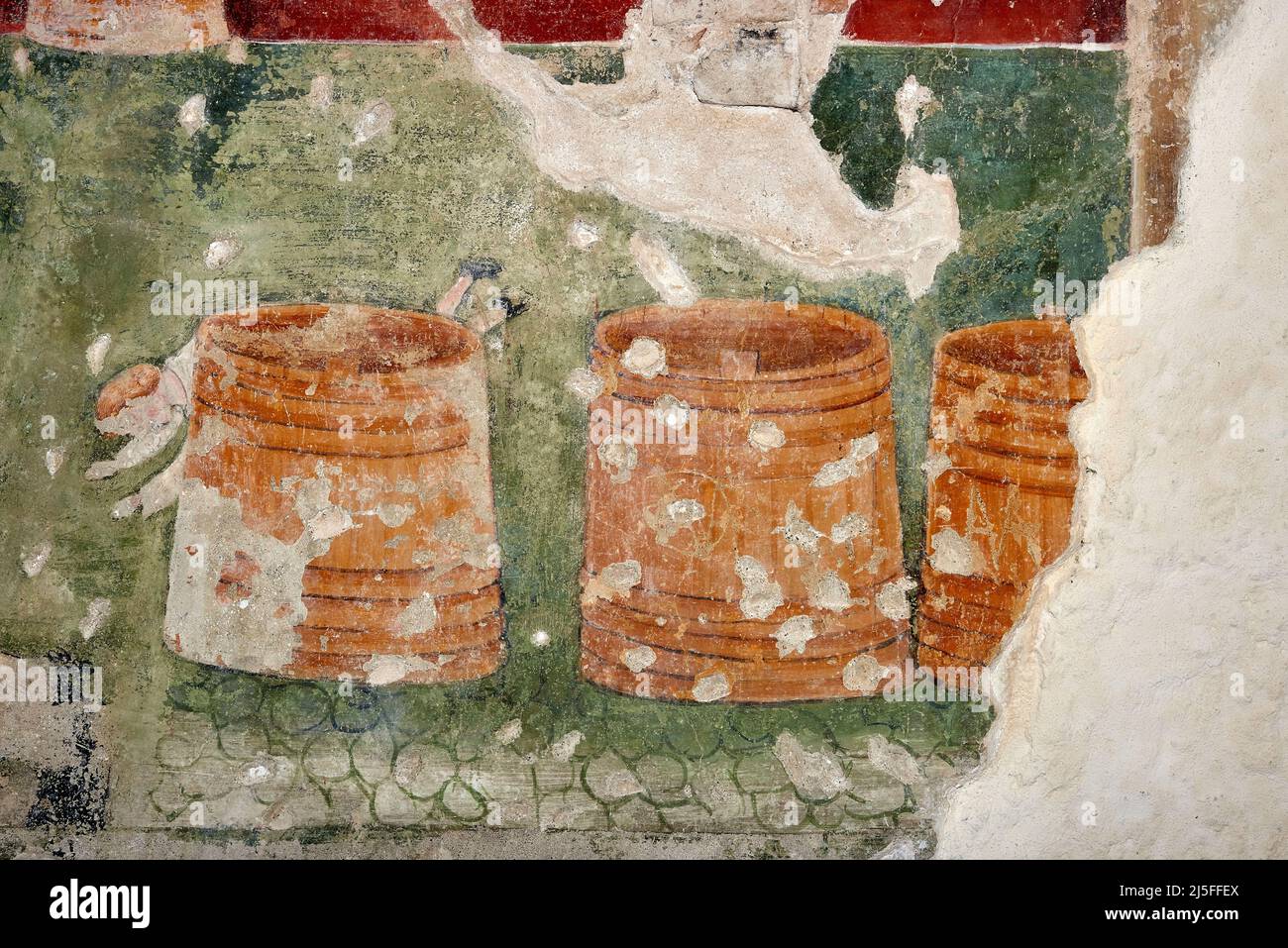 Particolare di tre botti per il vino - affresco - XVI secolo - Erbusco (Bs), Italia, chiesa di San Bernardino Stockfoto