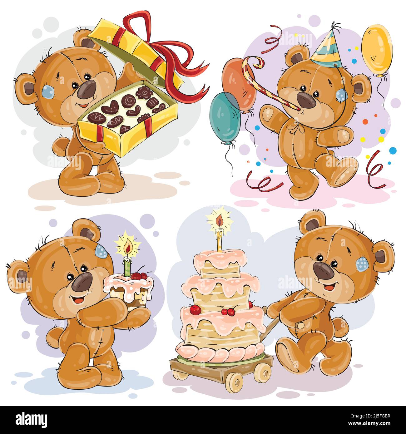 Set aus Vektor Clip Art Illustrationen von Teddybär wünscht Ihnen alles gute zum Geburtstag Stock Vektor