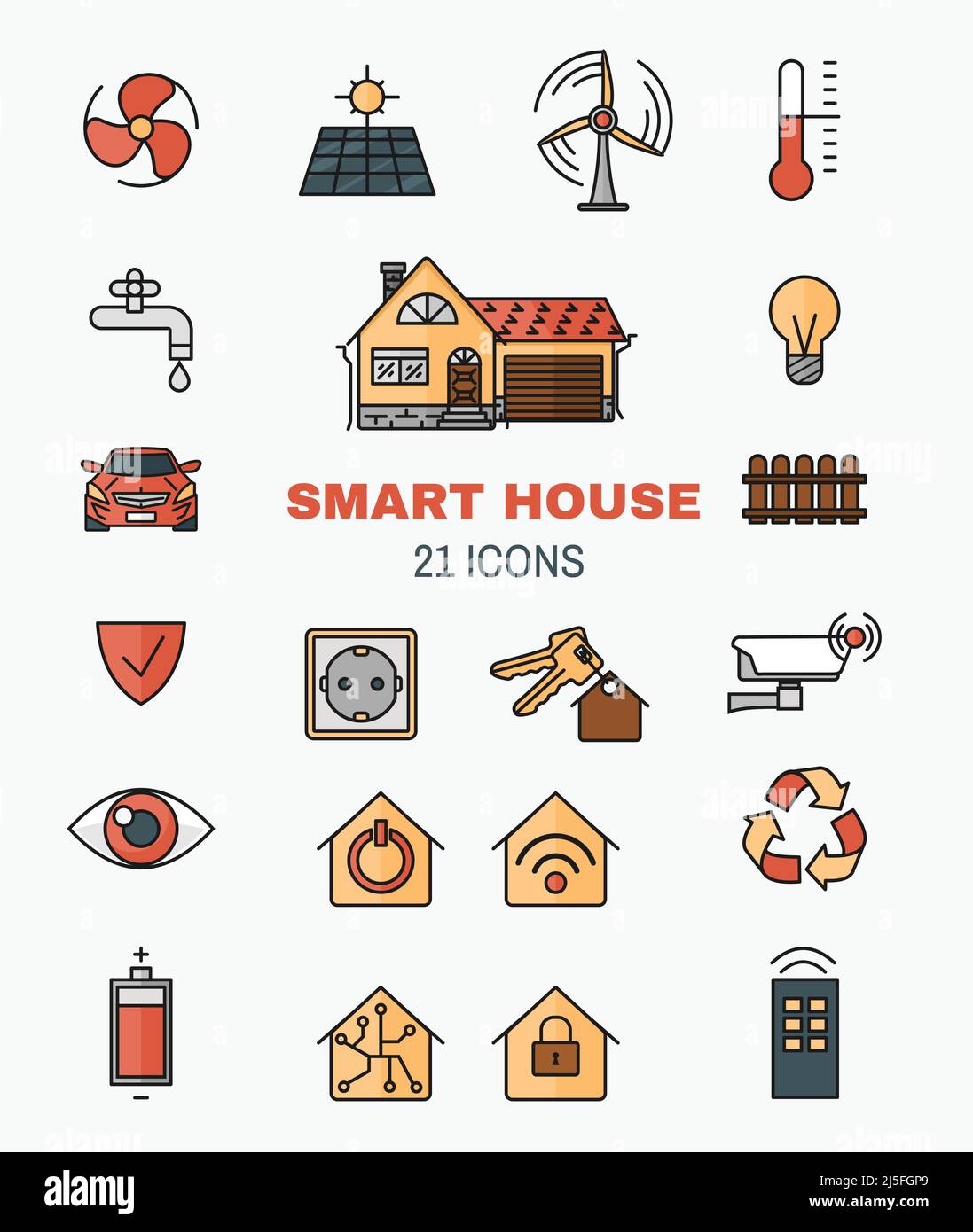 Stellen Sie Vektorlinien-Art-Symbole des Smart Home, Steuerung über Internet-Home-Arbeitsgeräte. Das Konzept von Komfort und Sicherheit eines Smart Home. Stock Vektor