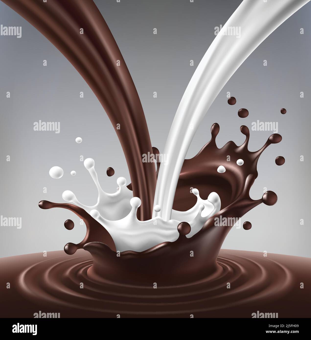 Vektordarstellung eines Flusses von Milch und Schokolade erzeugt Welligkeit und Spritzer. Vorlage für die Verpackung von Milchschokolade in einem realistischen Stil Stock Vektor