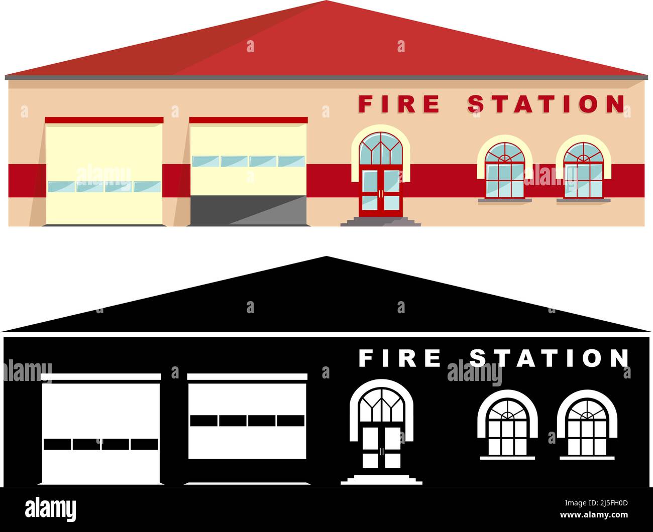 Verschiedene Art Feuerwehrgebäude isoliert auf weißem Hintergrund in flachem Stil farbigen und schwarzen Silhouette. Vektorgrafik. Stock Vektor