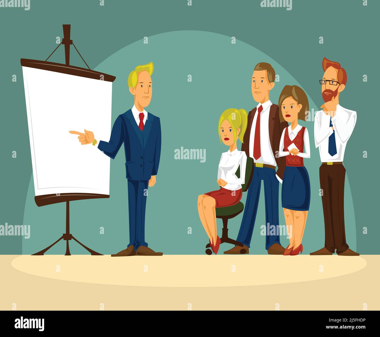 Vektor-Cartoon-Illustration eines intelligenten Geschäftsmann im Büro eine Präsentation, auf dem weißen Plakat stehen und einen Bericht machen. Business man-Angebot Stock Vektor