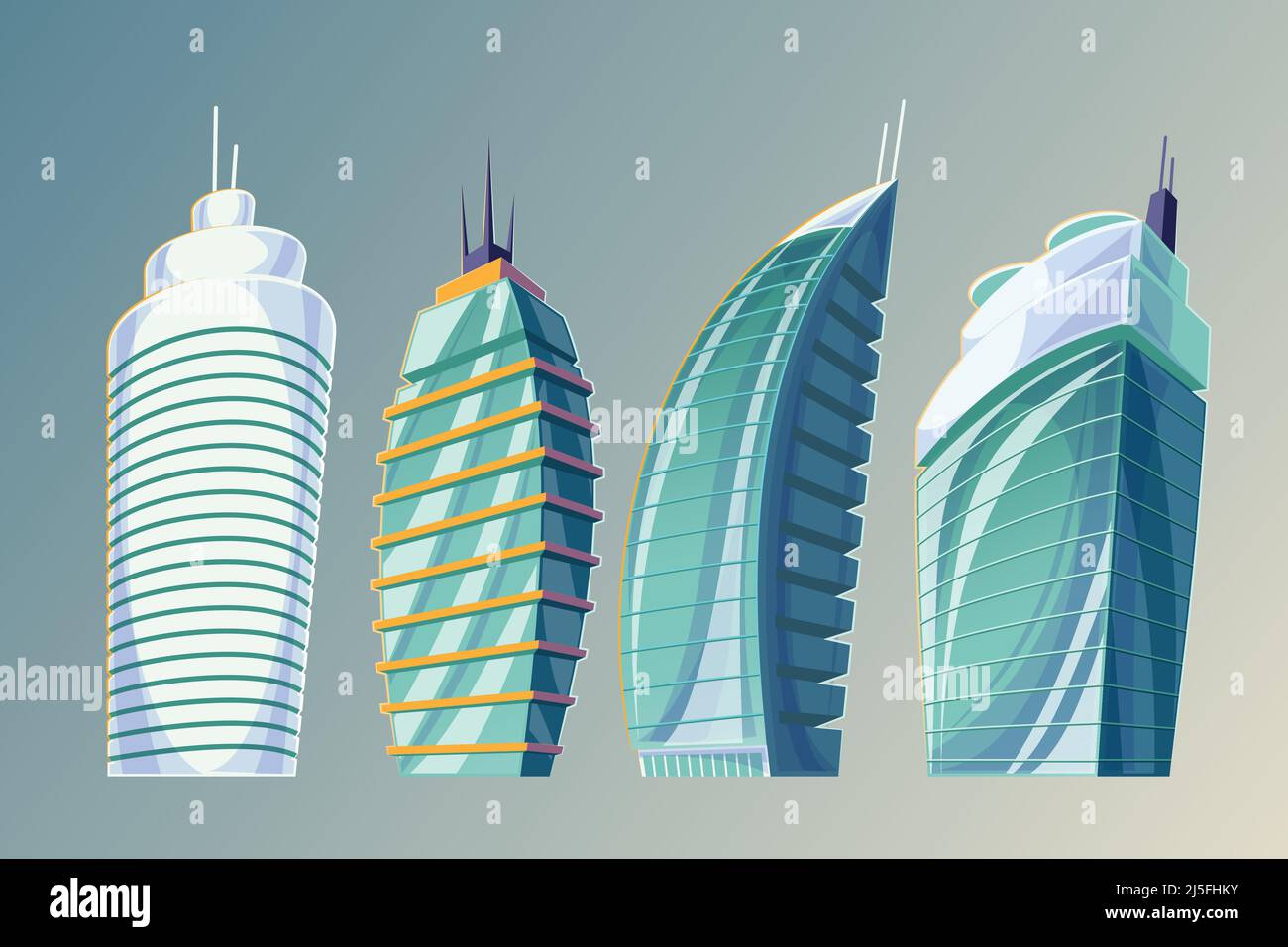 Set Vektor-Cartoon-Illustration eines abstrakten städtischen großen modernen Gebäuden. Sammlung Cartoon Business Stadt Wolkenkratzer, moderne Wohngebäude. Stock Vektor