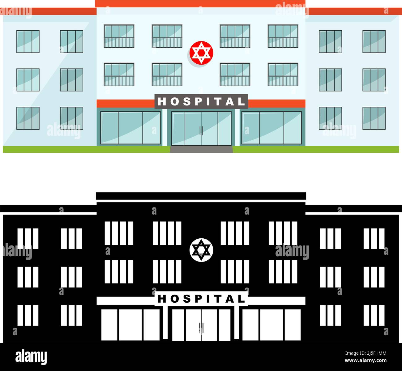 Medizinisches Konzept. Verschiedene Art jüdisches Krankenhaus Gebäude isoliert auf weißem Hintergrund in flachem Stil. Farbige und schwarze Silhouette. Vektorgrafik Stock Vektor