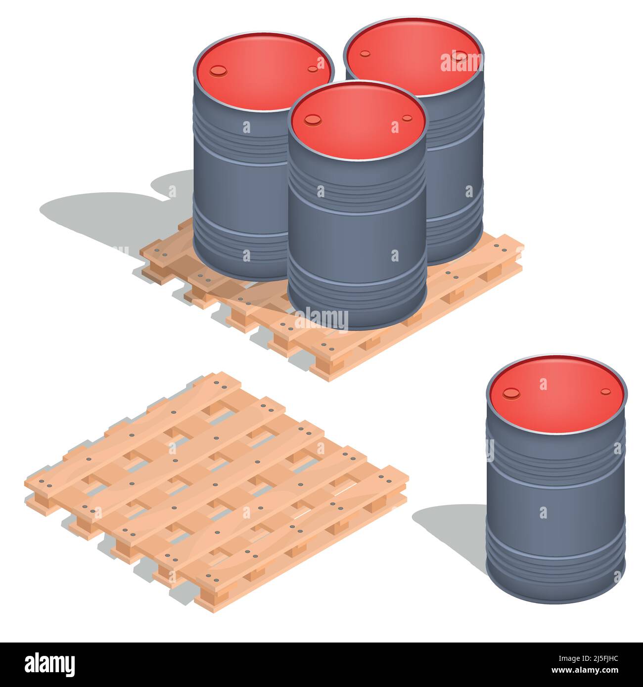 Vektor 3D isometrische Abbildung, Ikonen von Ölfässern auf einer Holzpalette isoliert auf weiß Stock Vektor