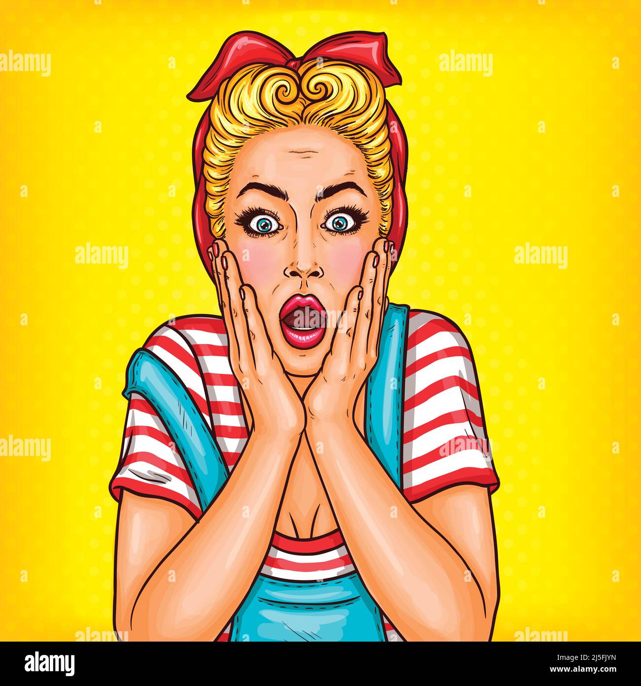 Vector Pop Art Illustration einer schockierten Hausfrau Frau mit staunenden Gesicht und offenem Mund. Ausgezeichnete Werbeplakat für Werbung Rabatte und s Stock Vektor