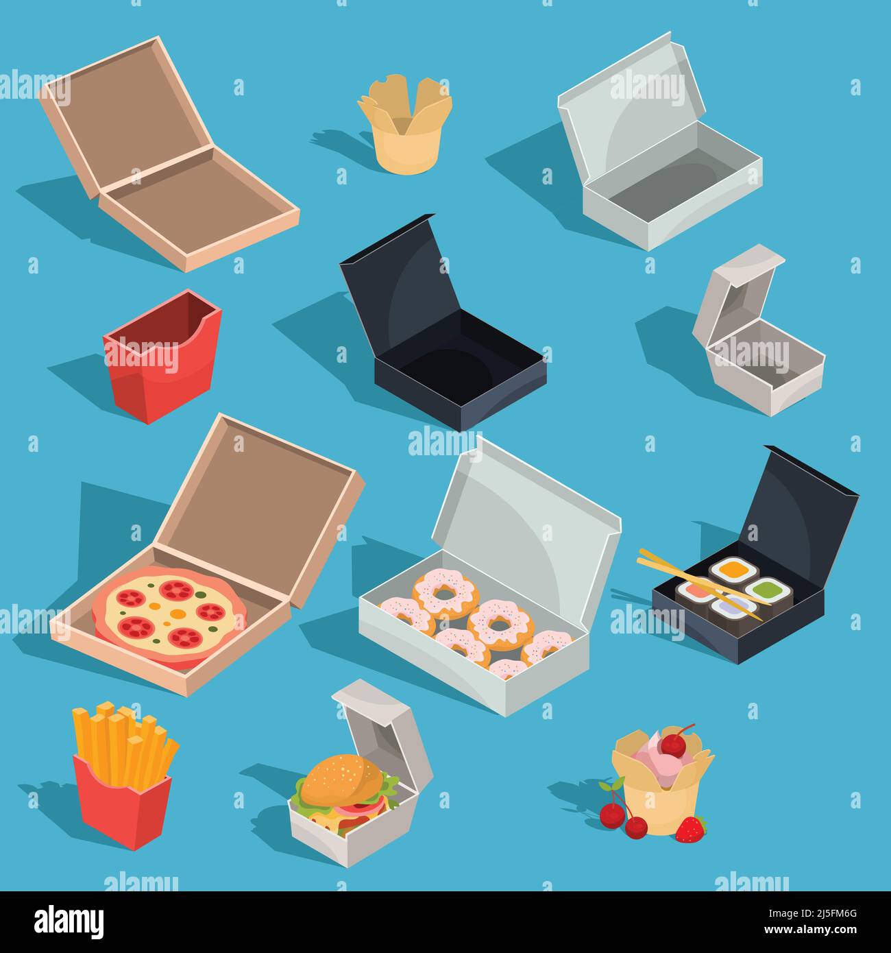 Satz von Vektor-isometrischen Illustrationen von Fast-Food-Gerichten in einer Kartonverpackung und leeren offener Kartons für Pizza, Donuts, Sushi, pommes frites, Stock Vektor