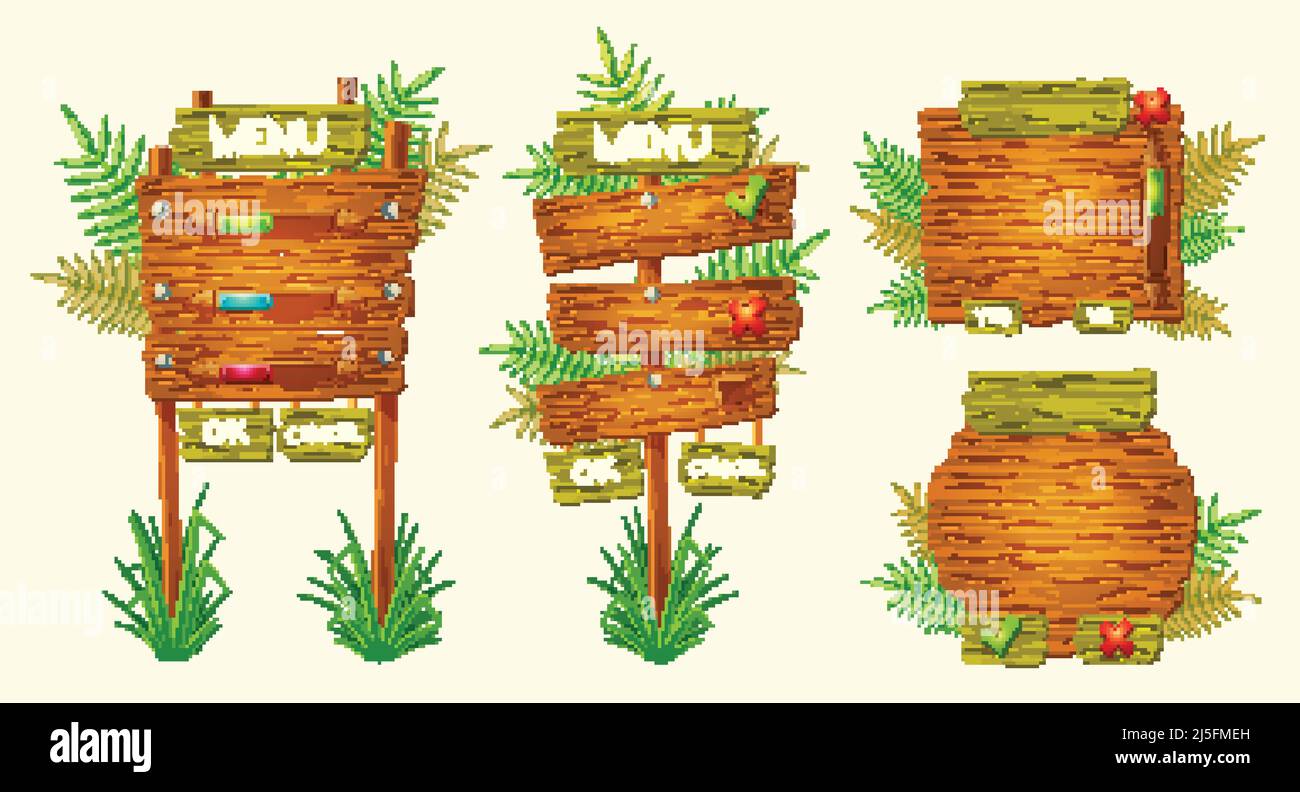 Set von Vektor-Cartoon-Illustrationen von Holzzeichen verschiedener Formen stehen auf dem Gras. Elemente des Designs für Spiele Stock Vektor