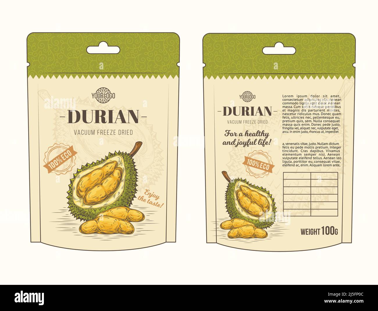 Vektor-Illustration in Design-Verpackung für Durian Obst, Vorlage, moc up in Stil Gravur Stock Vektor