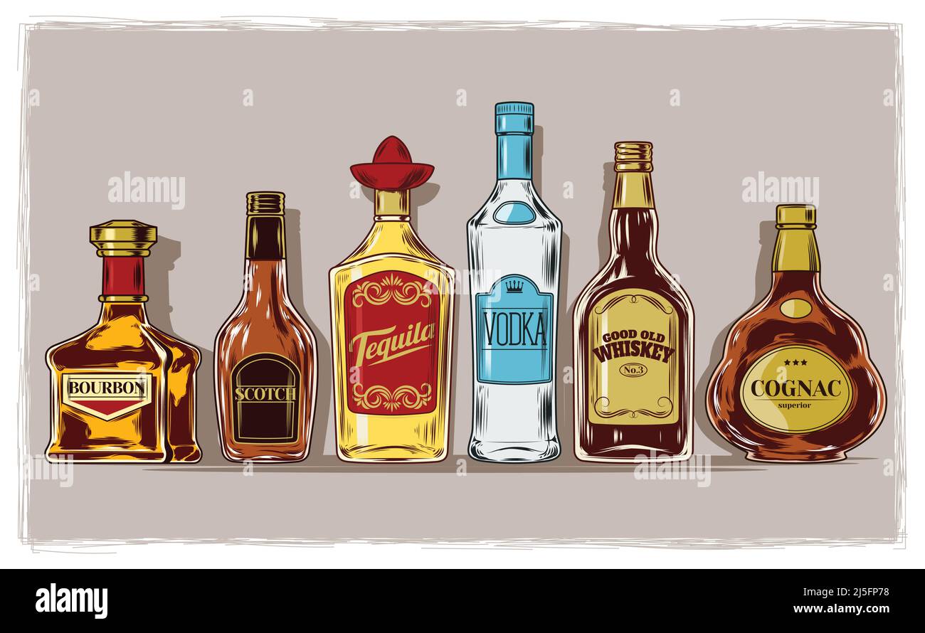 Vektor-Set von Flaschen mit Alkohol und Stielwaren, Gravur Stock Vektor