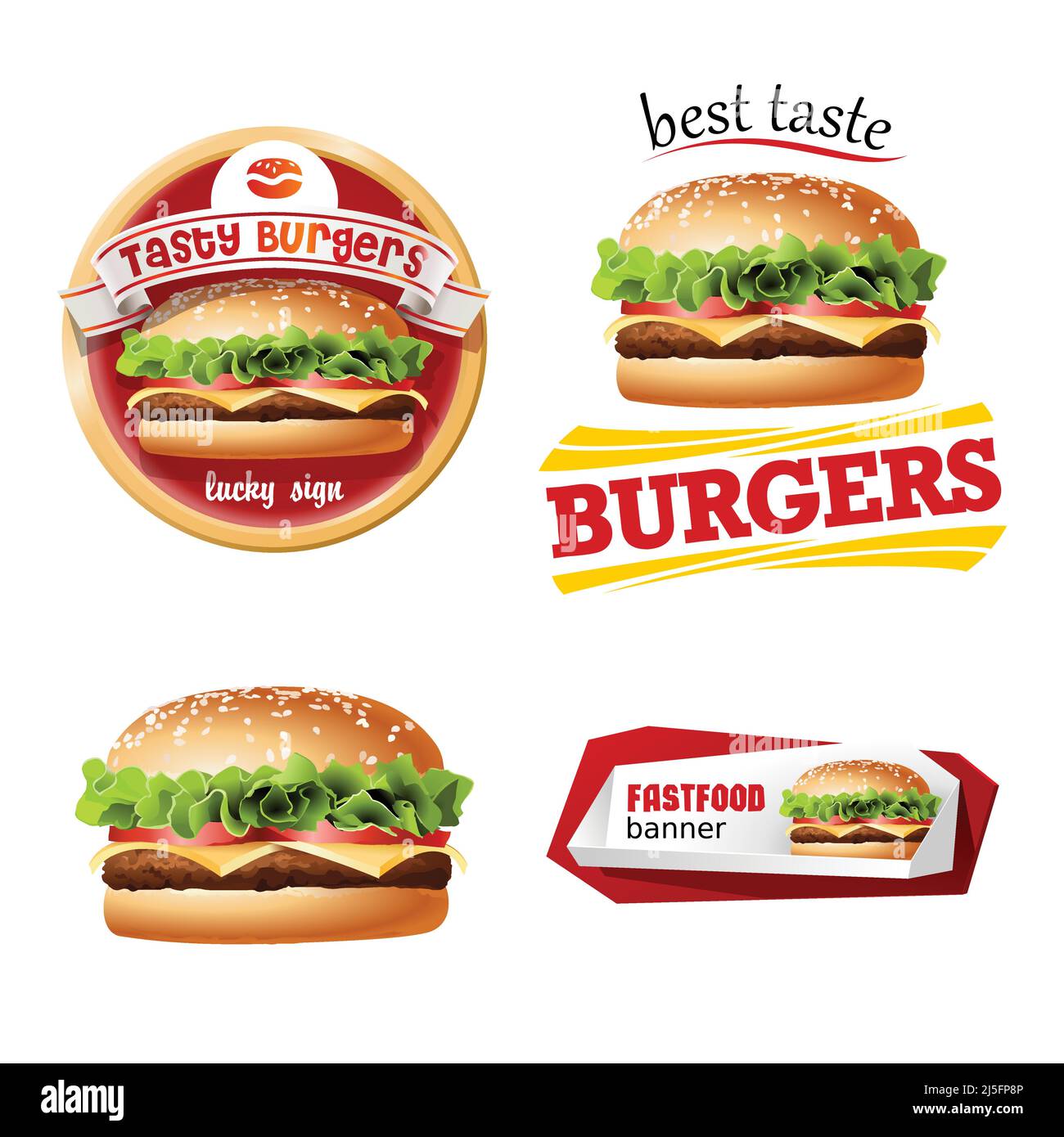 Set von Vektor schönen Fast-Food-Symbole und Abzeichen von Hamburgern in einem realistischen Stil isoliert auf weißem Hintergrund. Stock Vektor