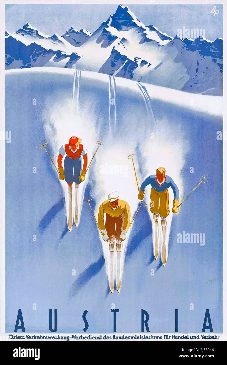 Winter Sport Poster 1930s – AUTRICHE, ÖSTERREICH. Ca. 1930 Skifahren Stockfoto