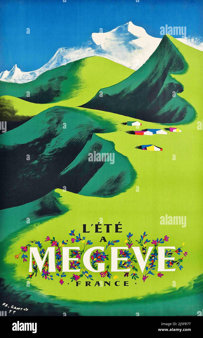 Vintage 1930s Travel Poster - MEGEVE - Französische Alpen Stockfoto