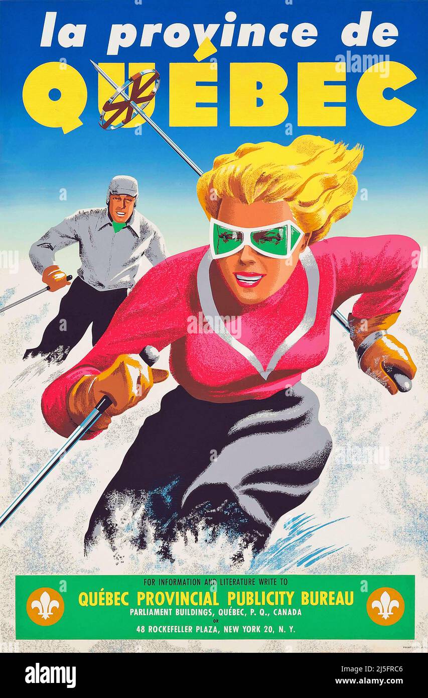 Plakat für den Wintersport des Jahrgangs 1940s - La Province De Quebec Stockfoto